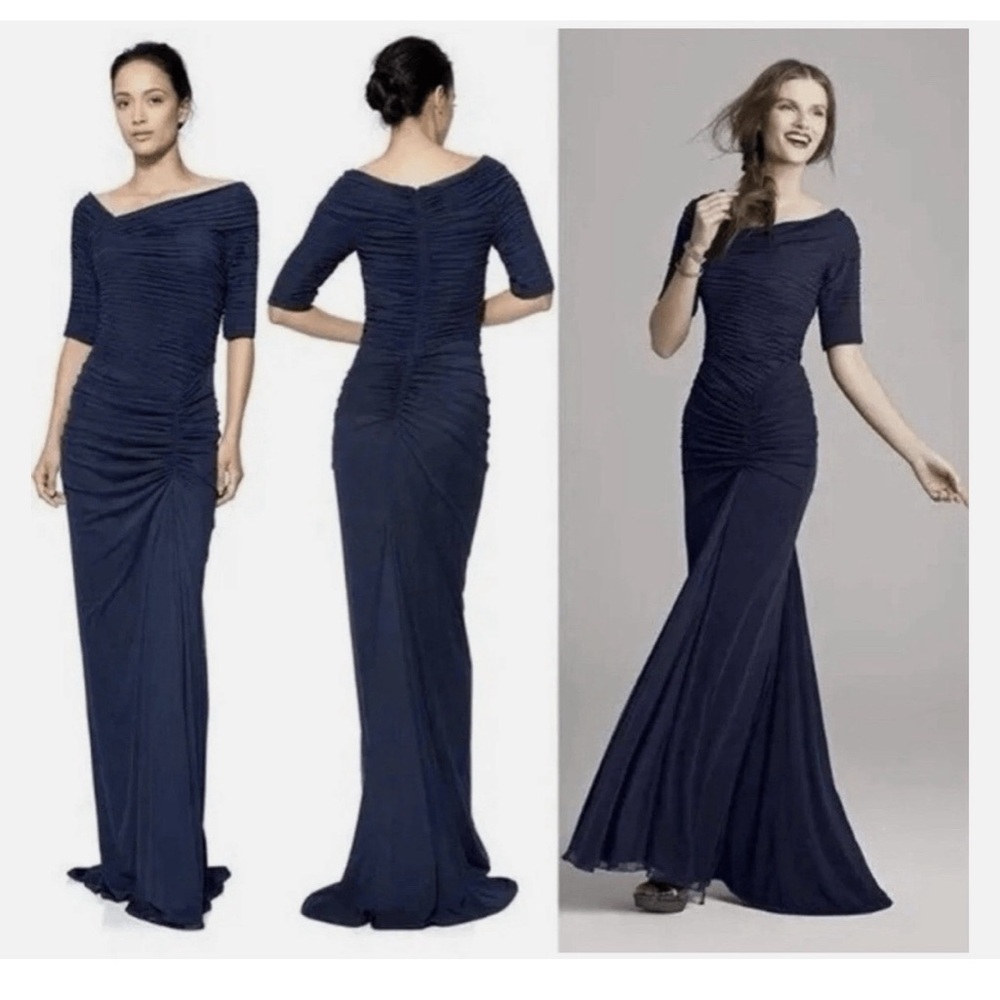 Tadashi draped mesh evening gown in blue - petite x-small